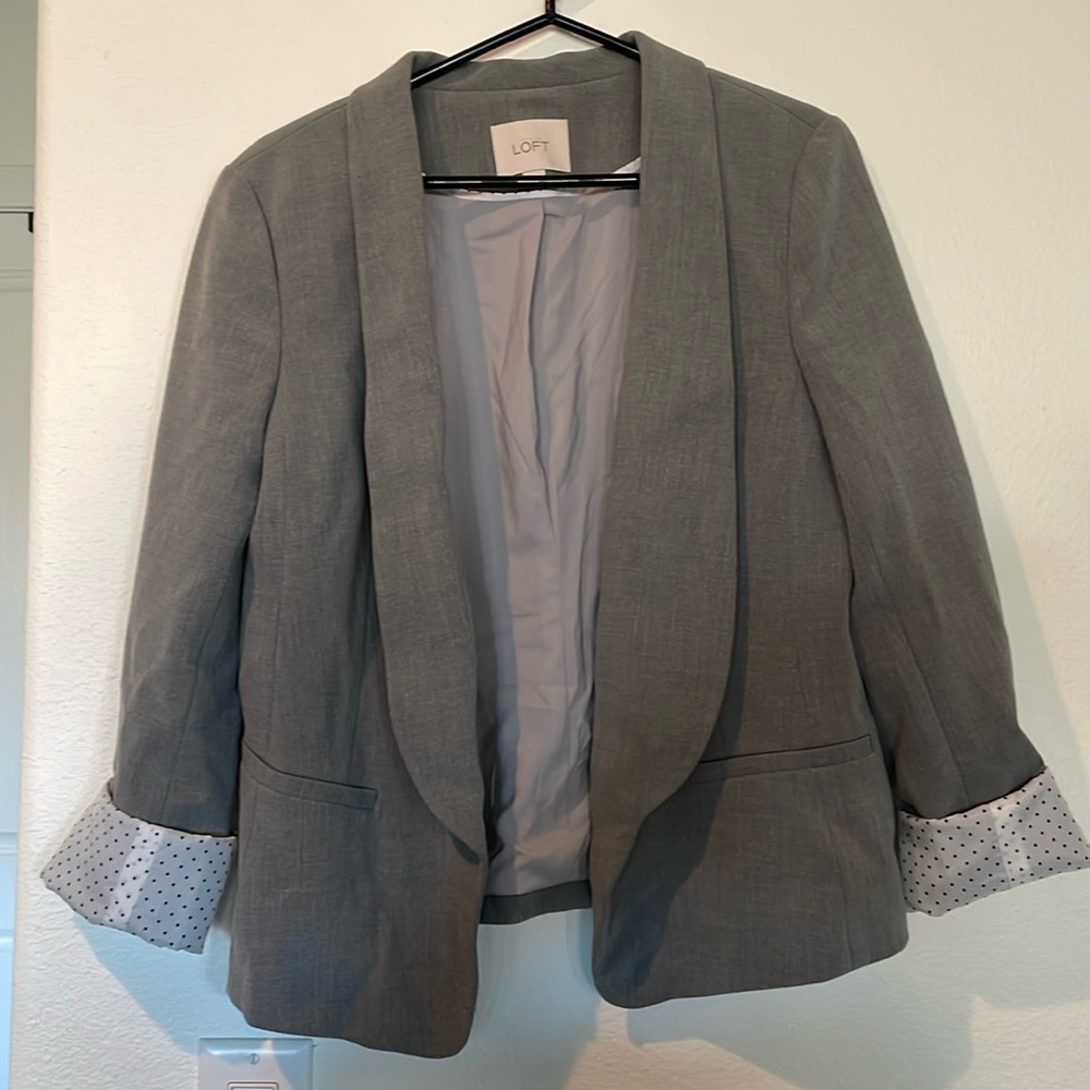 Loft gray blazer. Size 8. Cute black and white polka dot roll up sleeves.